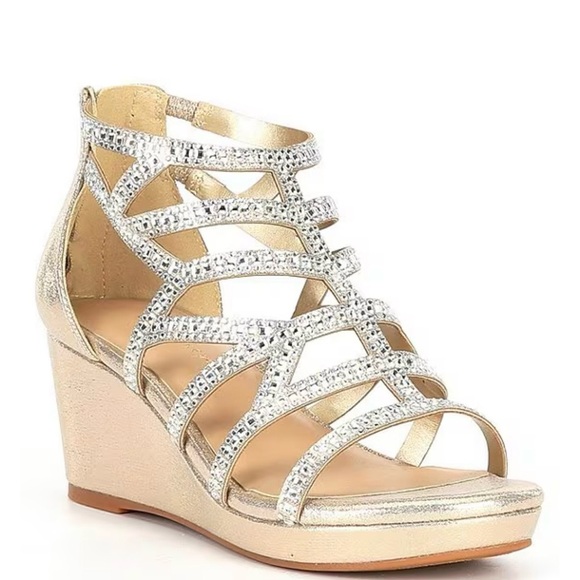 Copper Key Gold Dress Shoes with Strappy Design and Medium‎ Heel - Picture 1 of 7
